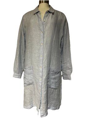 Jones & Co Shirt Jacket Womens L Blue 100% Linen Coastal Lagenlook Pockets Long